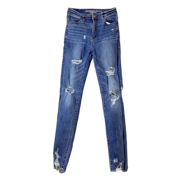 American Eagle Highest Rise Jegging Distressed Stretch Jeans Size 0 Reg - Picture 1 of 13